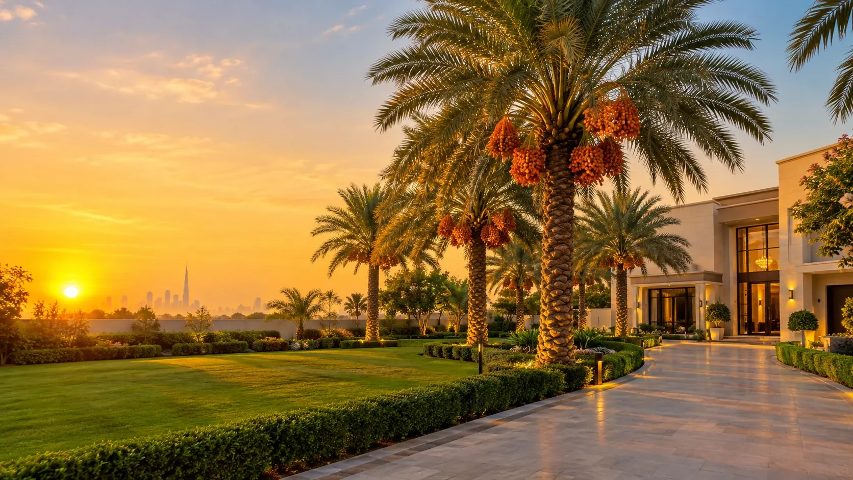 Landscaping company in UAE: villa garden with palm trees and lawn by Al Qaswan Landscape