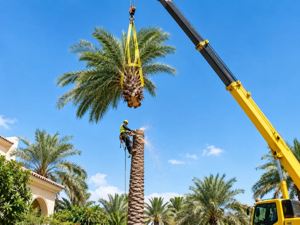 Crane-assisted tree cutting by Al Qaswan Landscape