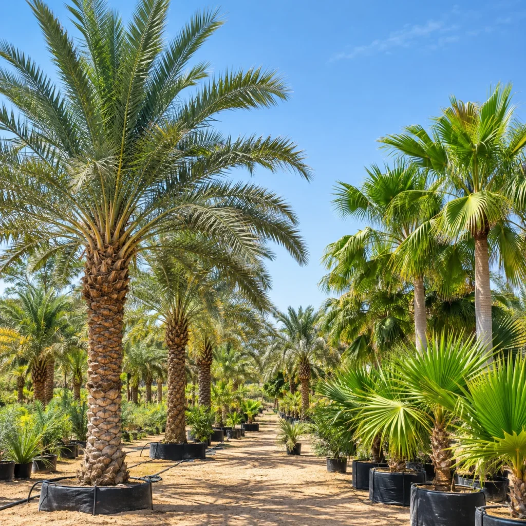 Rows of healthy date palms with ripe dates in a UAE date palm farm